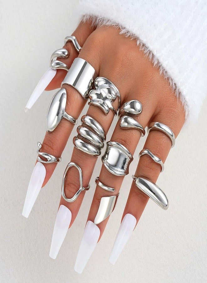 ANGLEQUEEN Chunky Silver Rings for Women 14K Silver Plated Stackable Knuckle Ring Set Adjustable Domed Silver Rings Statement Ring Set Pack (Silver14PCS) - Image 2